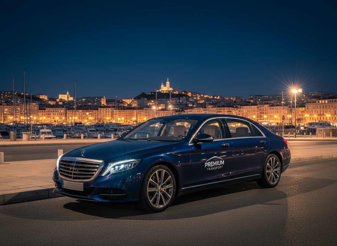 Berline noire de VTC devant le Vieux-Port de Marseille illuminé la nuit