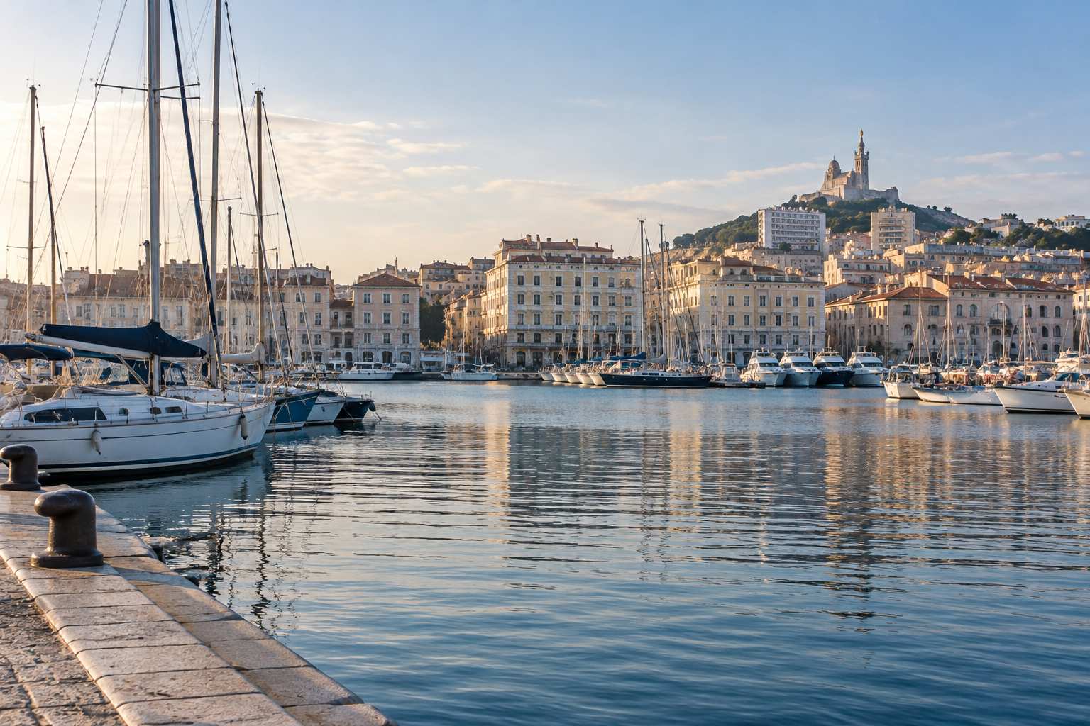 Vieux-Port de Marseille et basilique Notre-Dame-de-la-Garde au lever du soleil